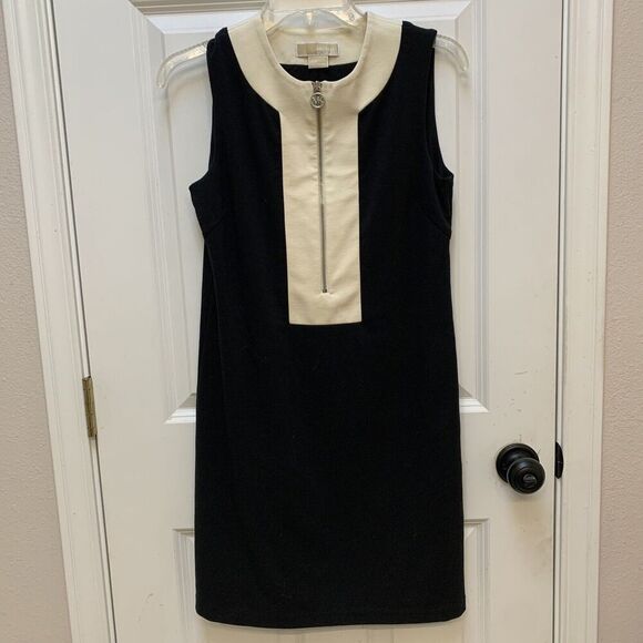 Michael Kors Black/Ivory Trim Sleeveless Colorblock Midi Shift Dress Sz XS/XP - Picture 1 of 5